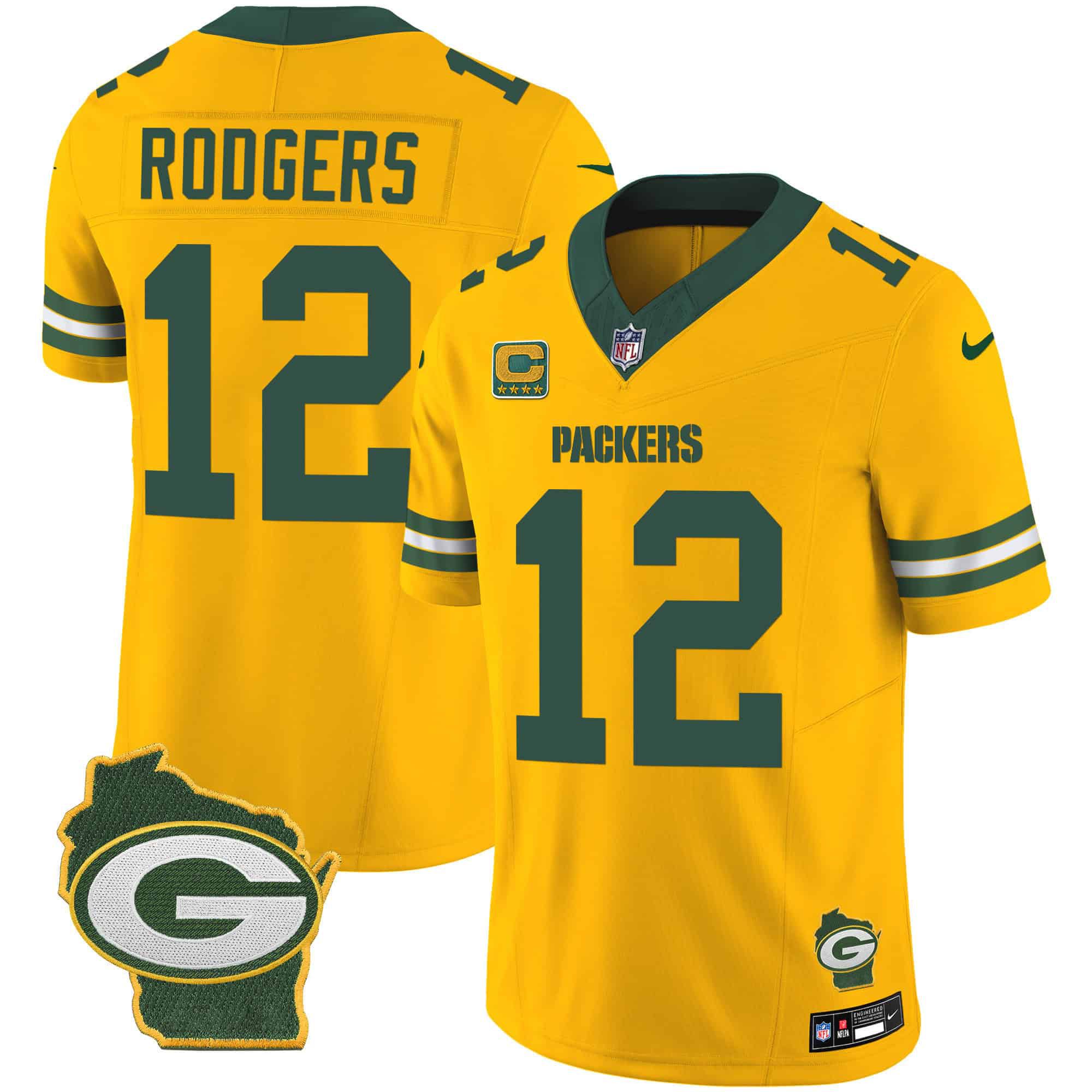Men Green Bay Packers 12 Rodgers Yellow 2024 Nike Home Patch Vapor NFL Jersey